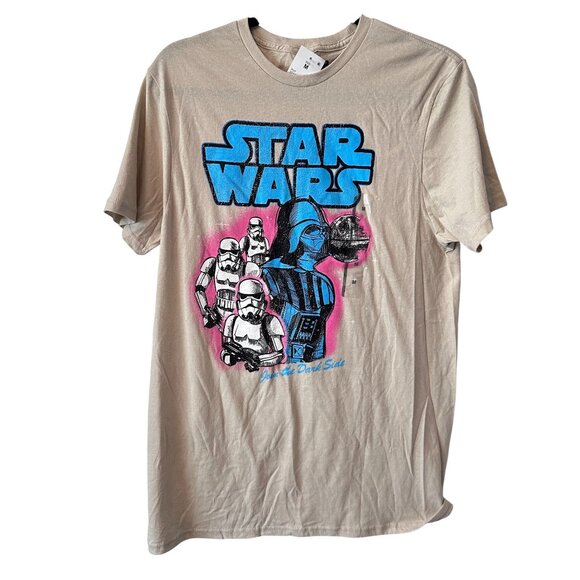 Star Wars Join The Dark Side T-Shirt NWT Beige Darth Vader Stormtrooper Graphic - Picture 1 of 5
